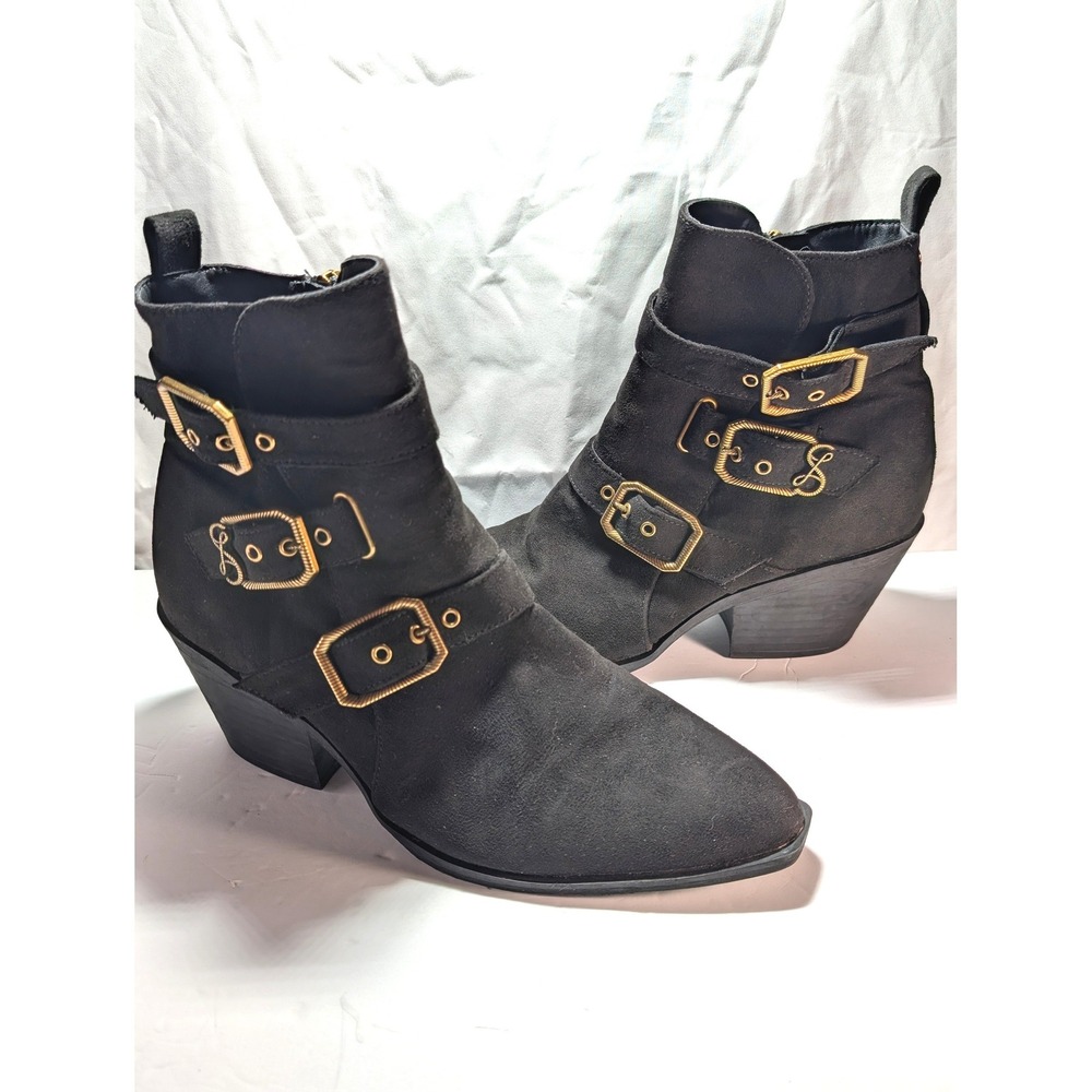 Sam & Libby Finnley Blk Buckle Ankle Boot Witchy Glam Pointed Toe Block Heel 8.5